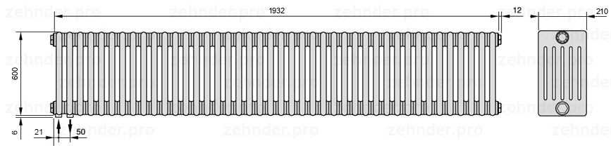 Схема (чертеж) Радиатор Zehnder Charleston 6060/42 №3370 Белый глянцевый RAL 9016